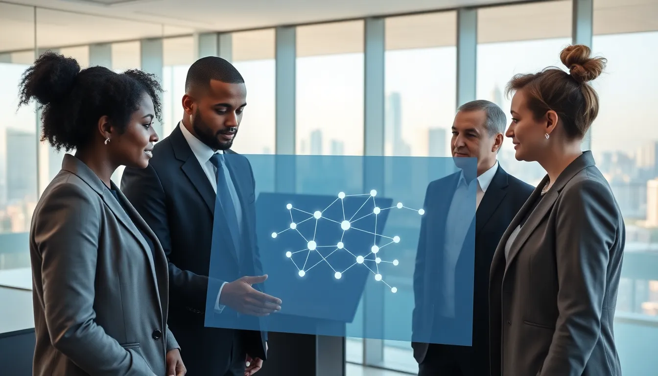 professionals discussing immutable ledger technology in a modern office.