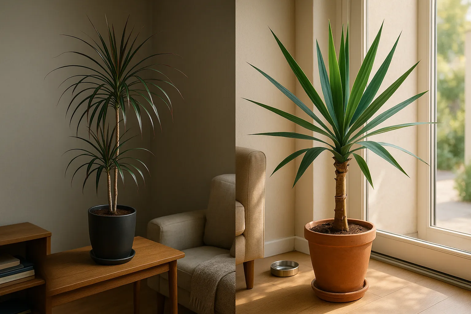 Dracaena marginata and Yucca elephantipes side-by-side in a sunlit U.S. interior.