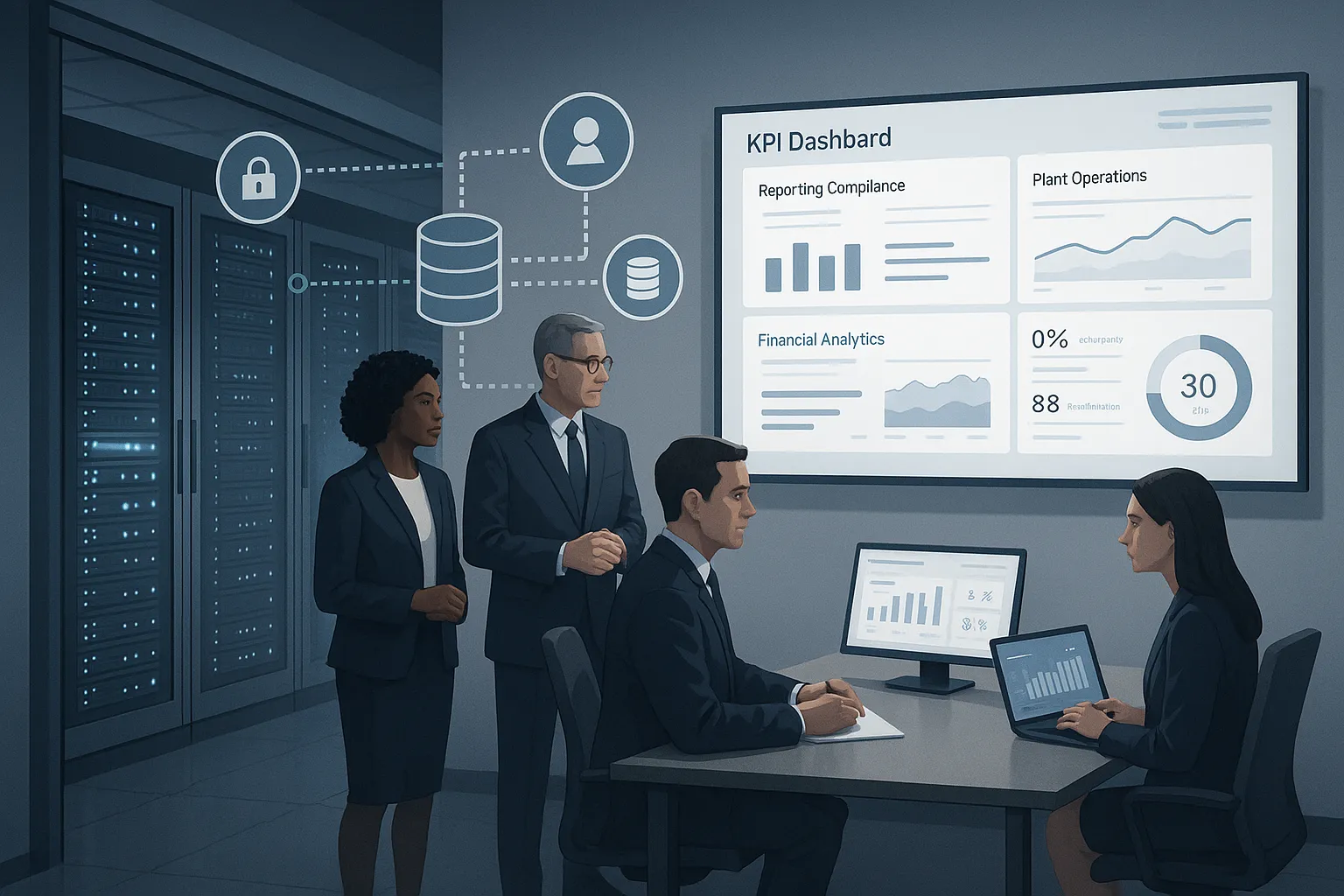 IT team reviewing on-premise BI dashboards beside secure enterprise servers.