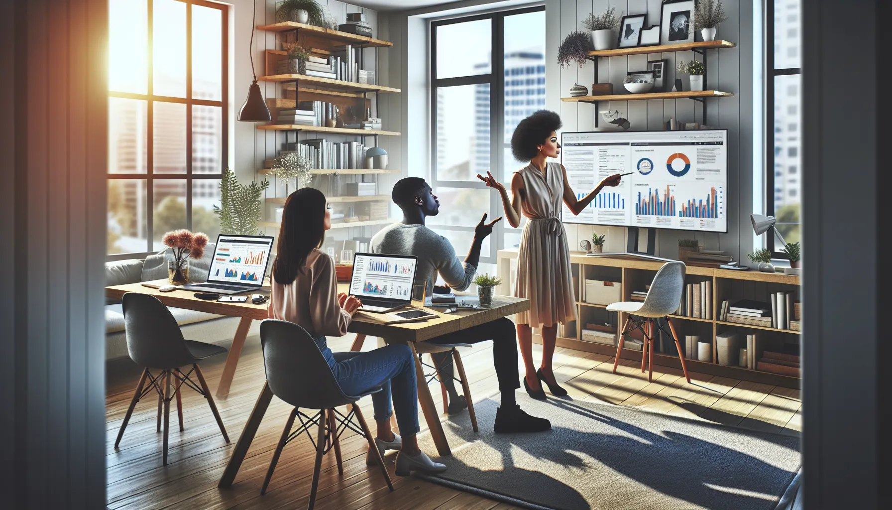a diverse group of bloggers discussing analytics in a modern office.
