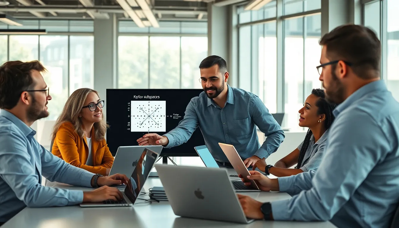 engineers collaborating on Krylovalster in a modern office.