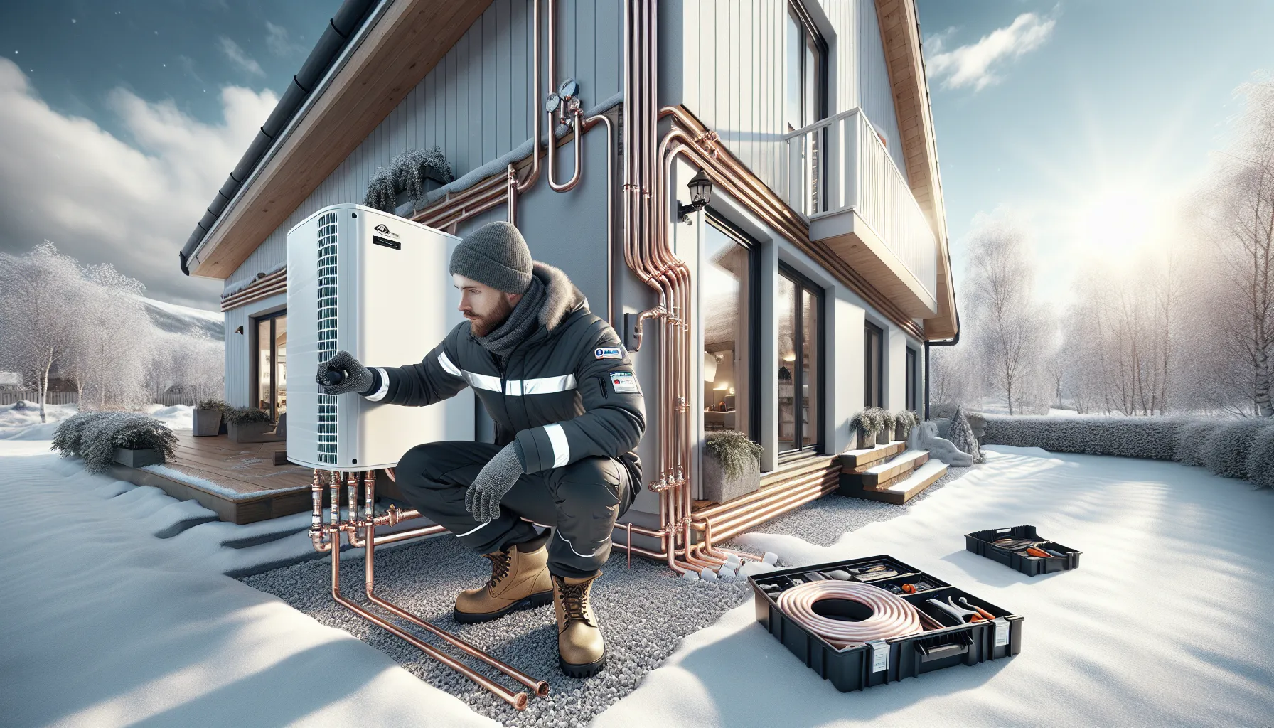 Technician optimally installing a heat pump on a snowy norwegian house to reduce energy loss.