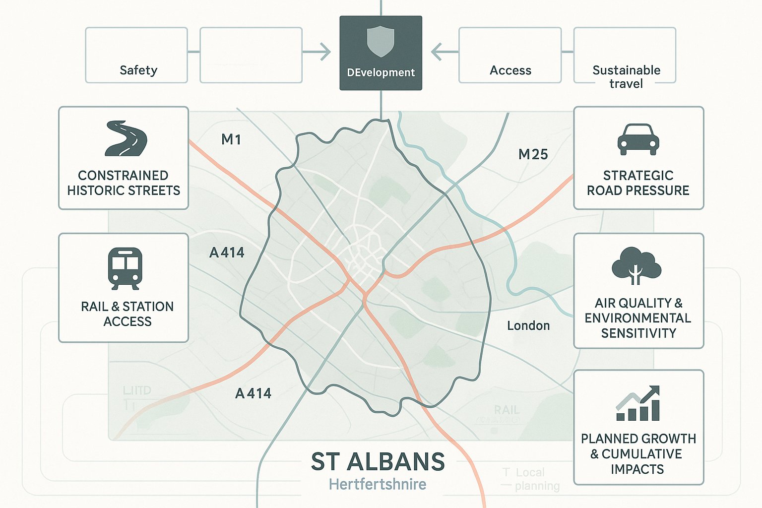 Infographic showing key transport planning factors and local network pressures in St Albans.
