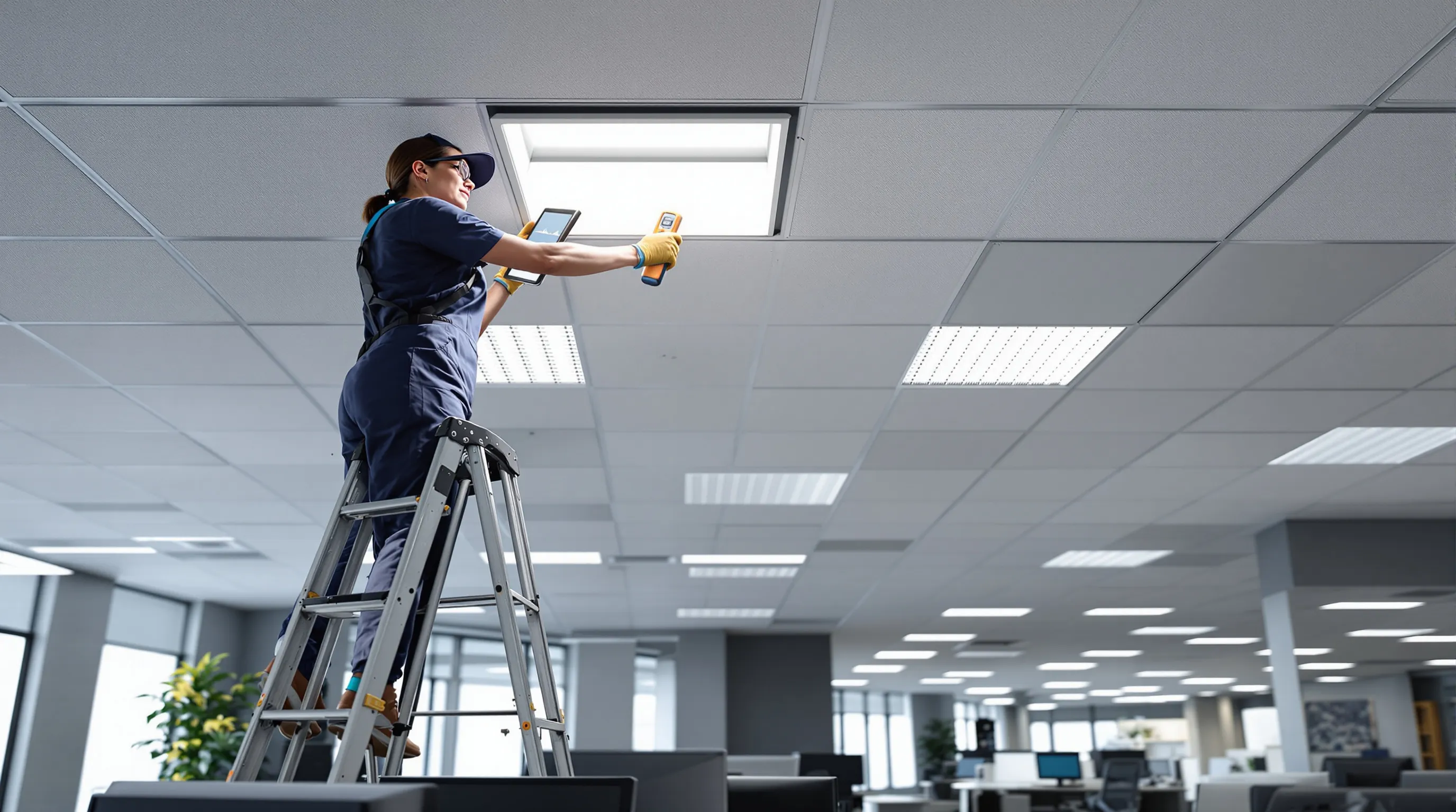 Technician installs fire-rated light filter and checks desk lux in office.