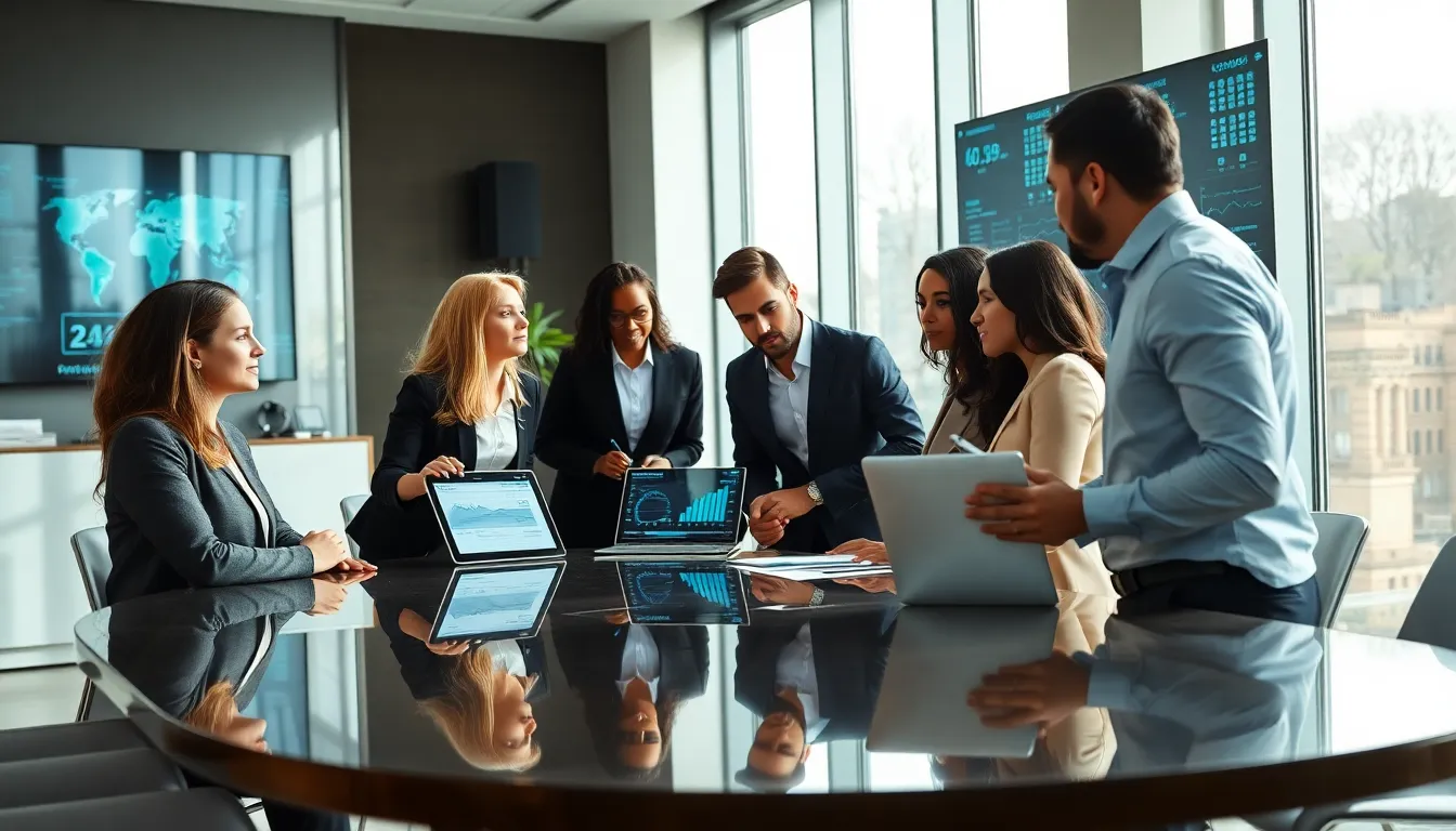 diverse team discussing data analytics in a modern office.