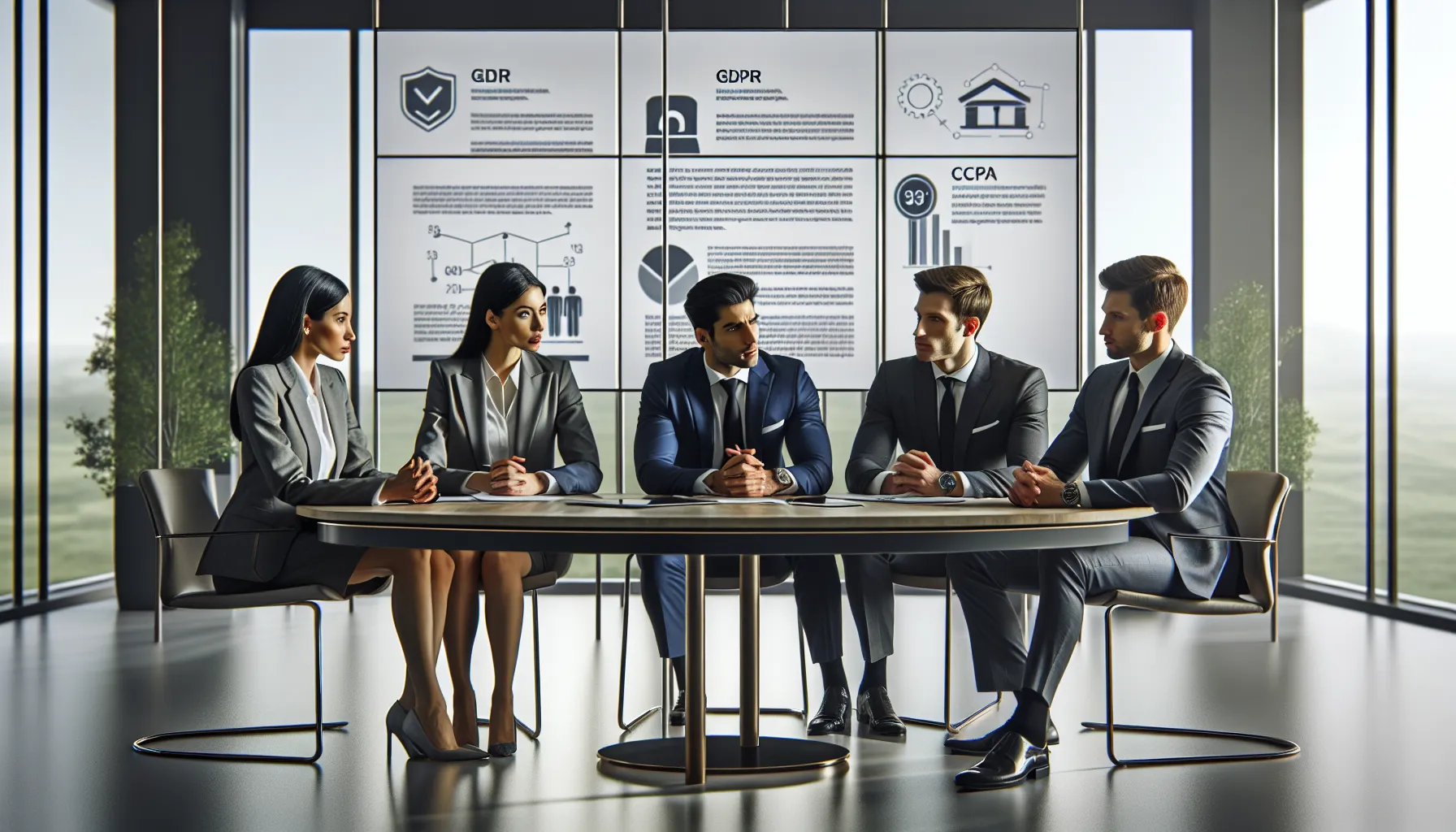 professionals discussing legal implications of data identifiers in a modern office.