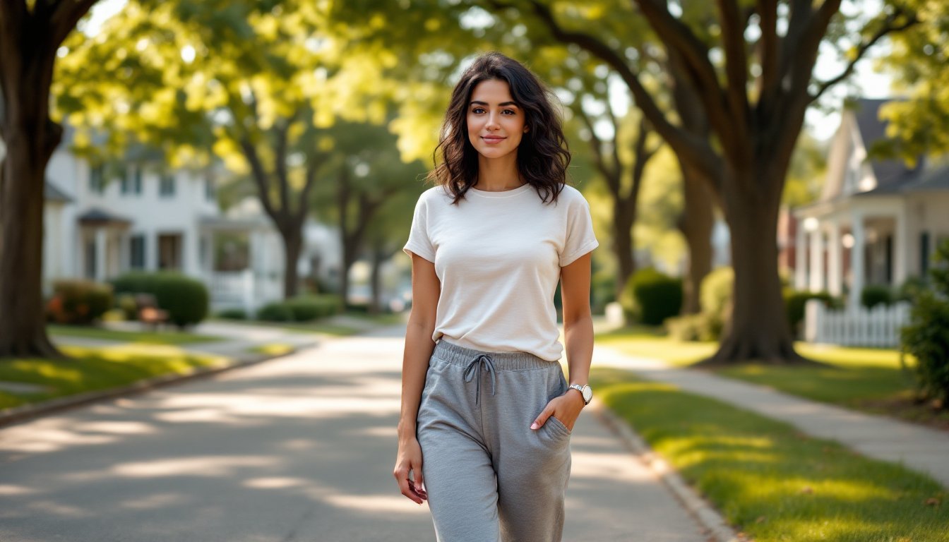 A woman smiling softly during a short midday walk on a sunlit suburban street.