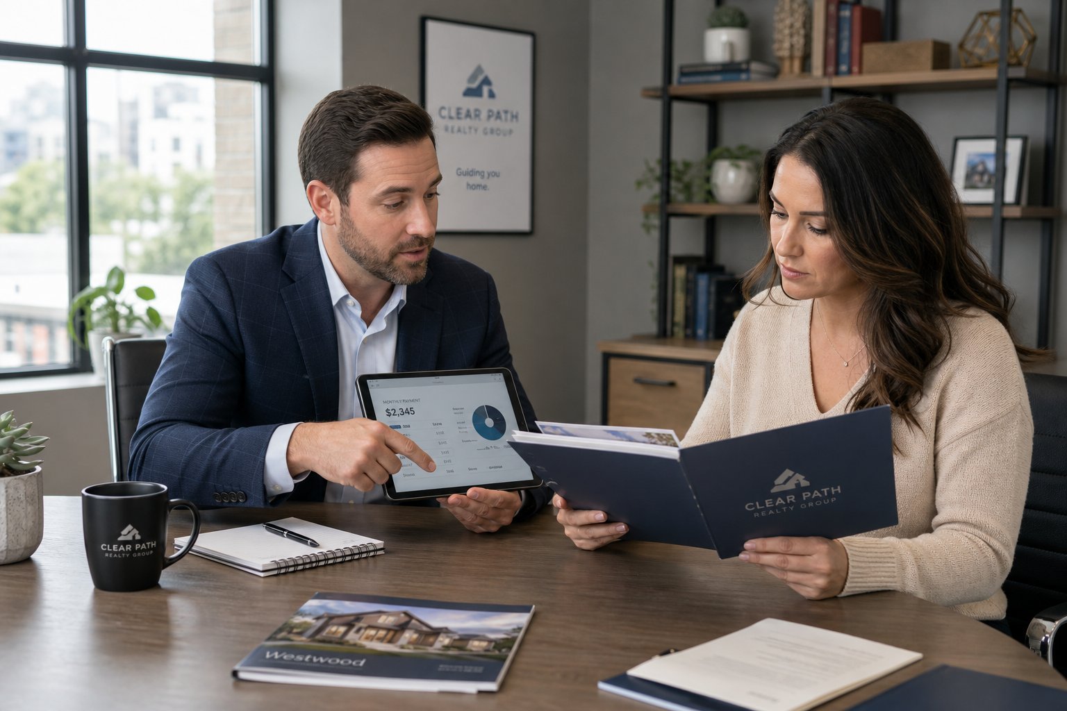Broker discussing commercial mortgage details with client in a modern naturally lit office.