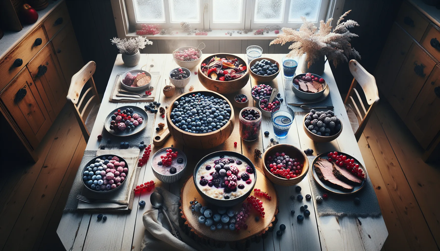 Norwegian kitchen table with fresh and frozen berries used in breakfast and dinner.