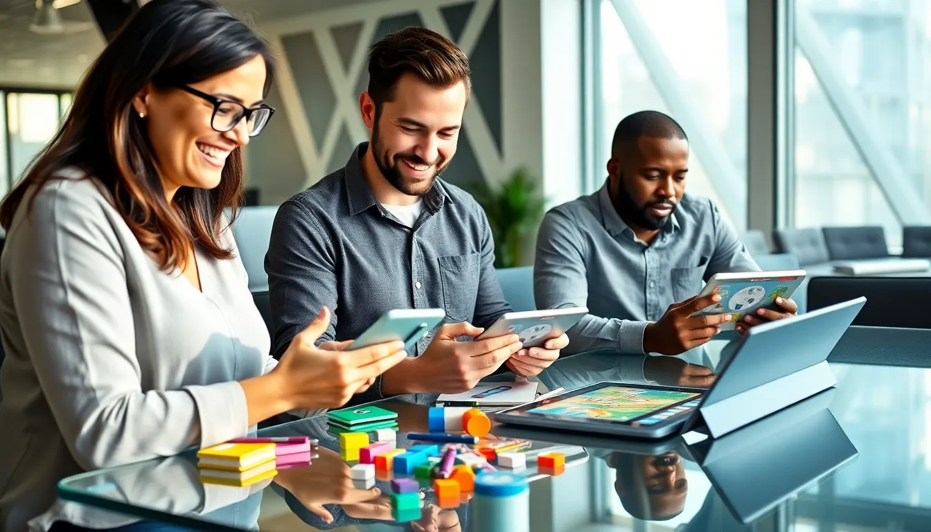 adults playing educational game apps in a modern office setting.