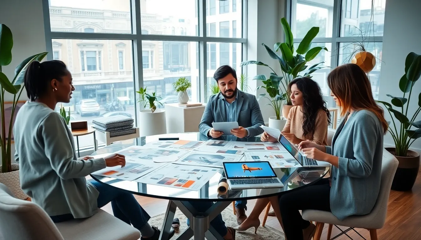 diverse designers collaborating in a modern interior design studio.