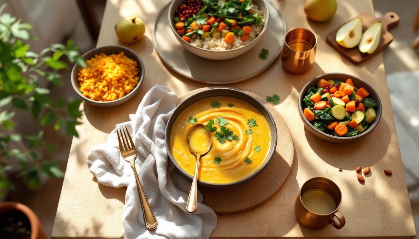 A warm Ayurvedic midday lunch with dal, rice, vegetables, ghee, and fruit on a sunlit wooden table.