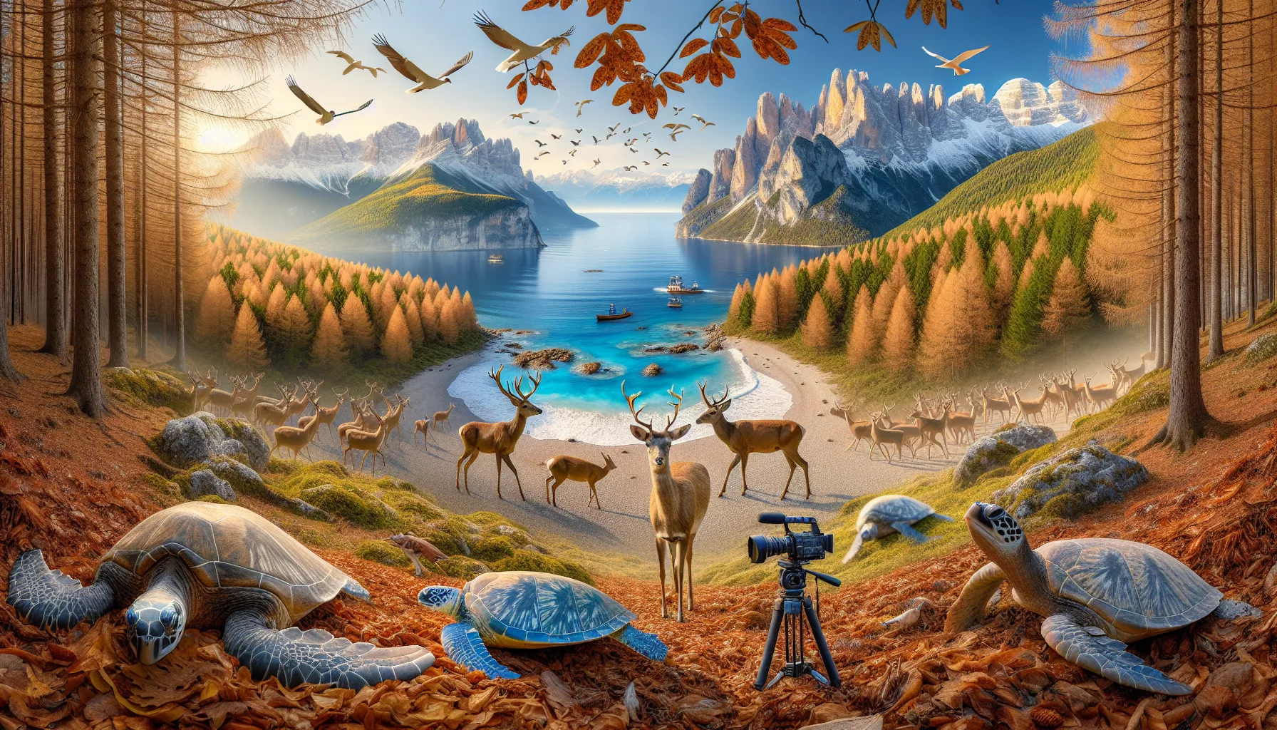 various Italian nature scenes with wildlife and a videographer at sunrise