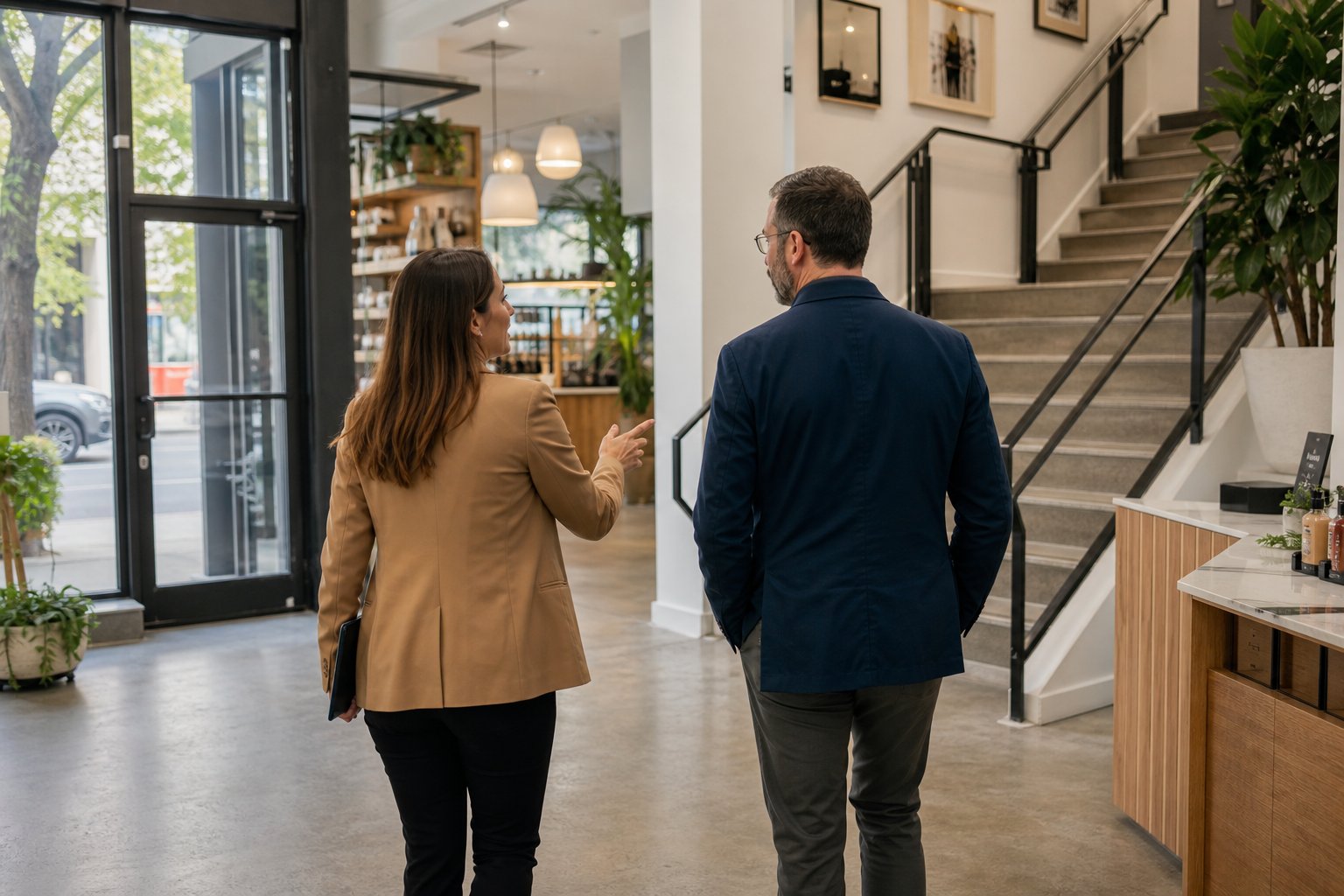 Client and advisor walking through a mixed-use commercial property during an assessment.
