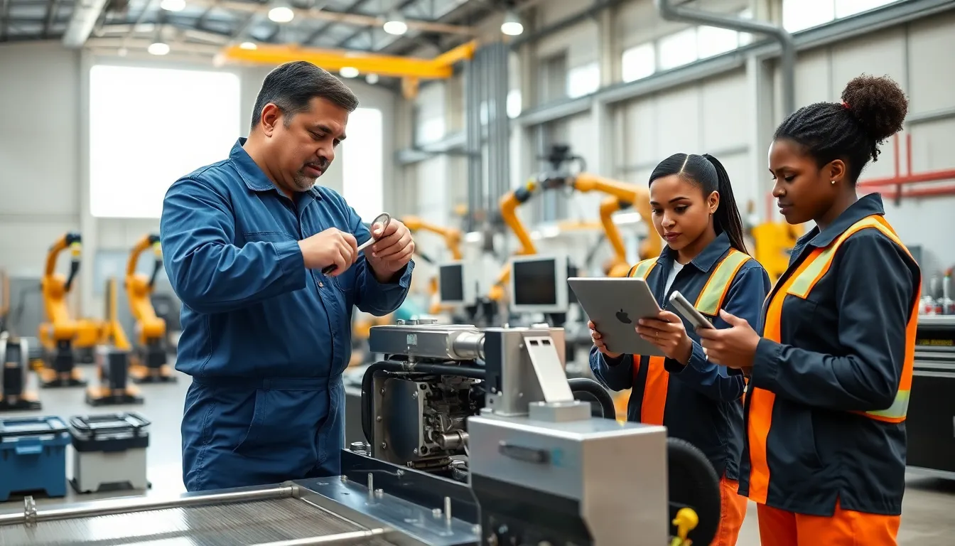 engineers working together in a factory to ensure machinery stability.