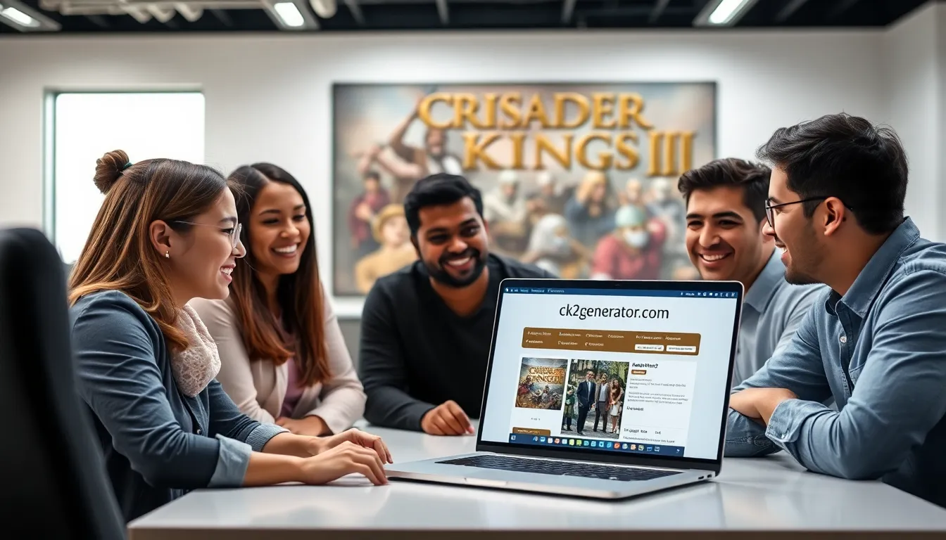 diverse team collaborating around a laptop with ck2generator.com displayed.