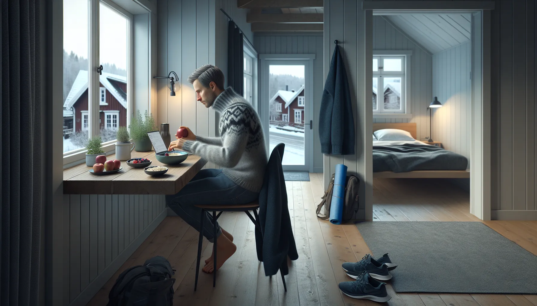 Kombinasjonen av søvn, kosthold og bevegelse for maksimal energi 2 Calm norwegian adult enjoying a balanced morning with healthy food, rest, and movement.