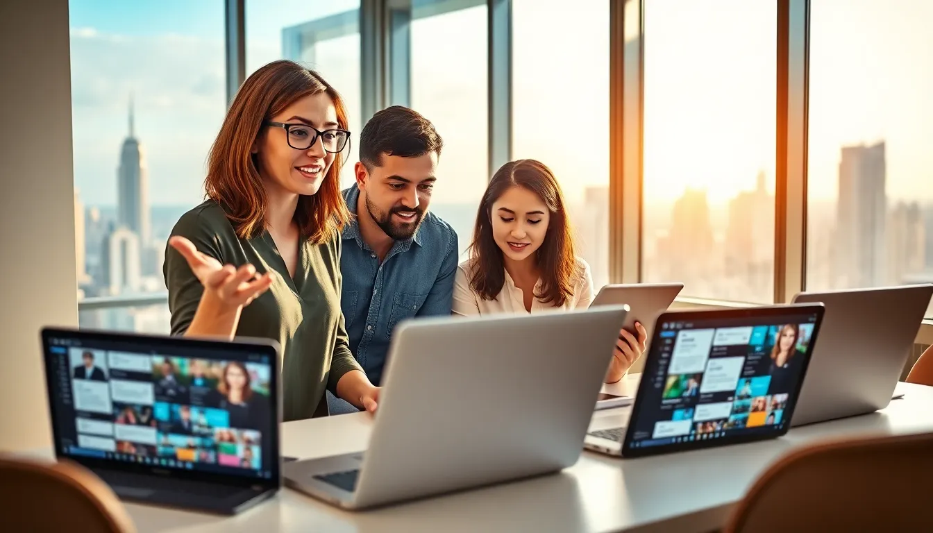 professionals collaborating in a modern office on internet language concepts.
