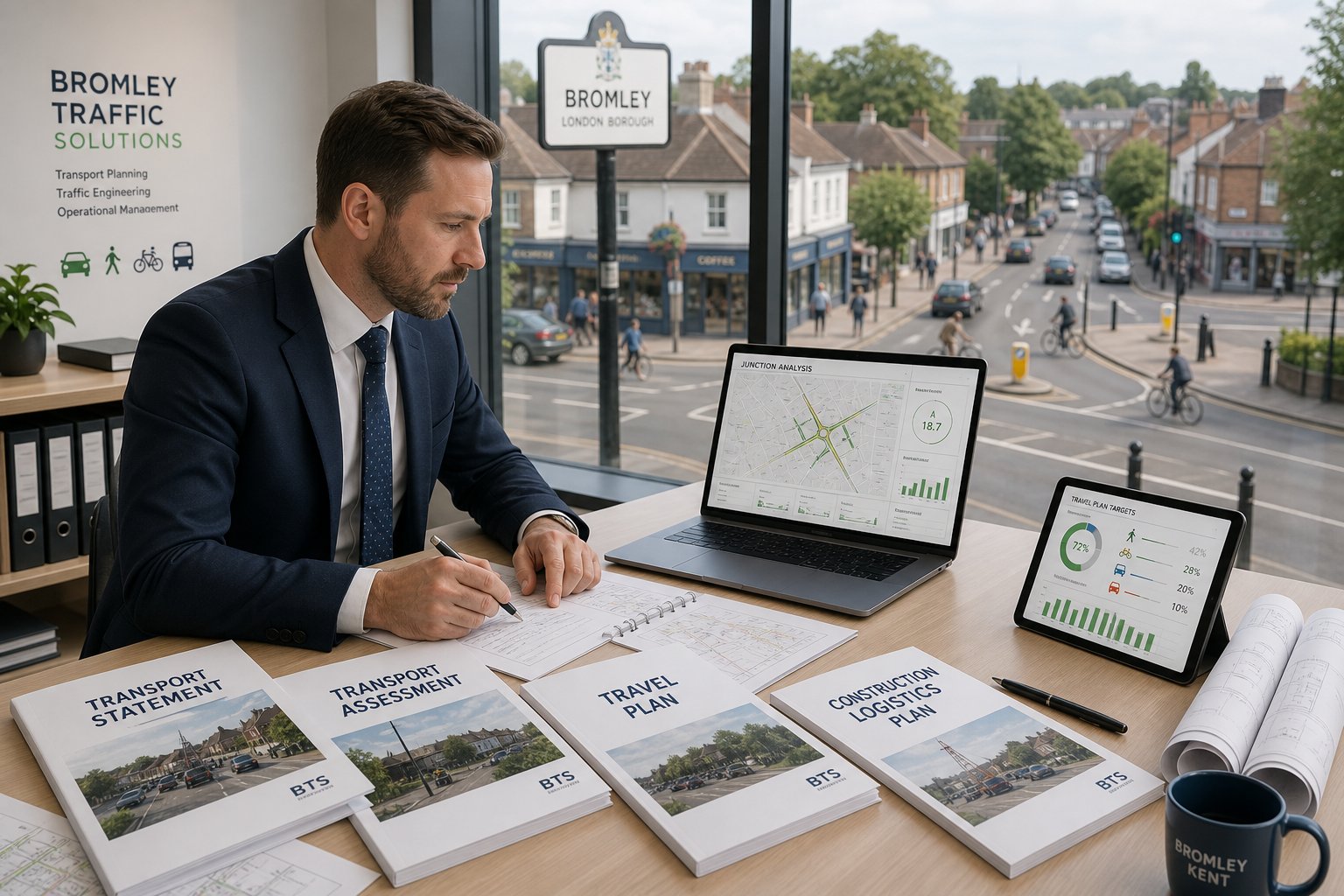 Traffic engineer reviewing transport planning reports in a modern Bromley office.