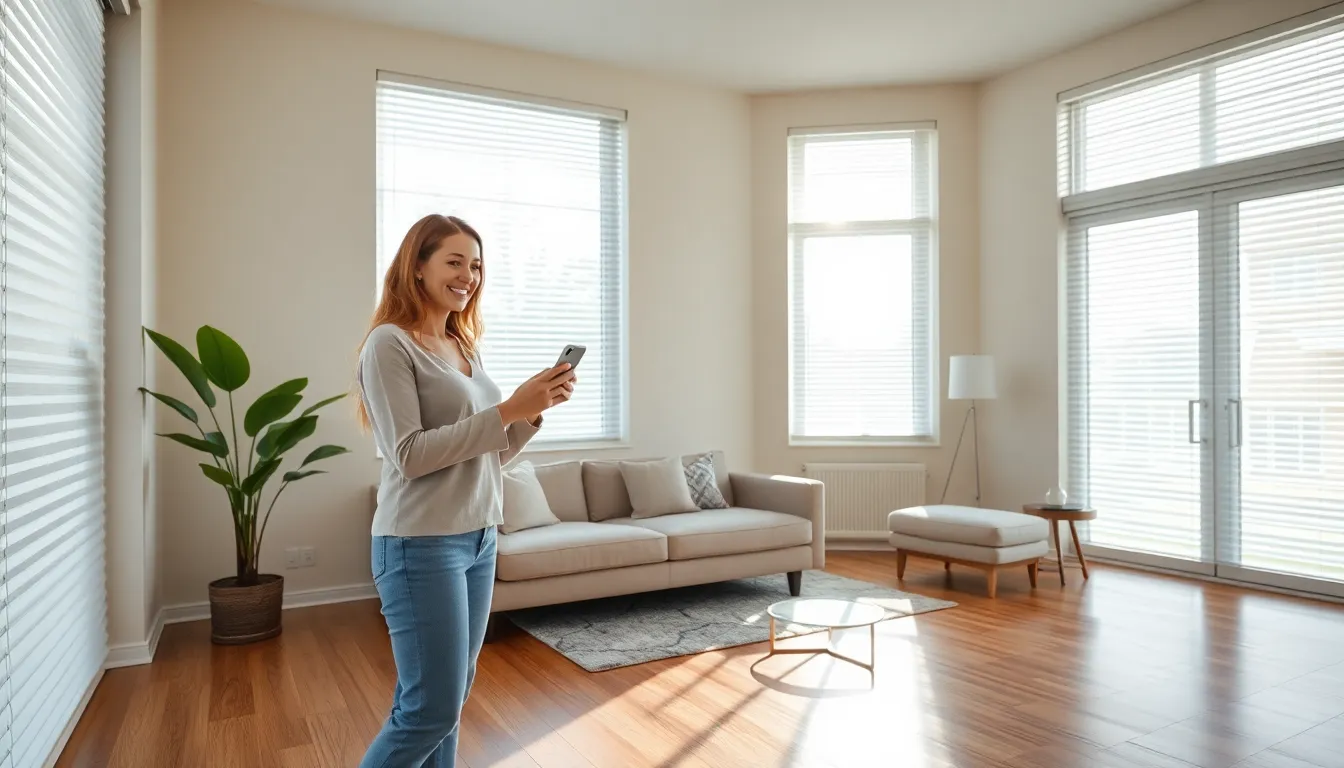 a woman controlling smart blinds with her smartphone in a modern living room.