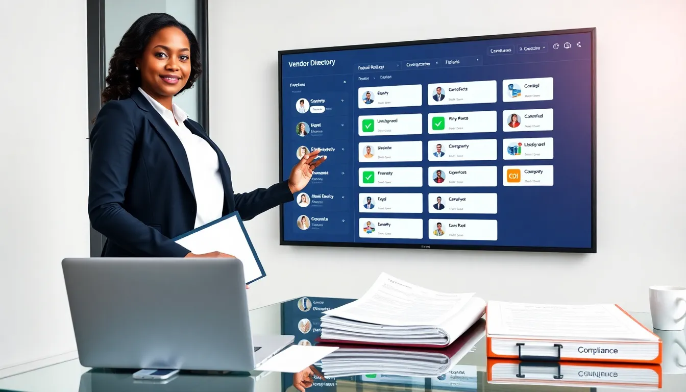 Procurement manager using a digital vendor directory on a large office display.