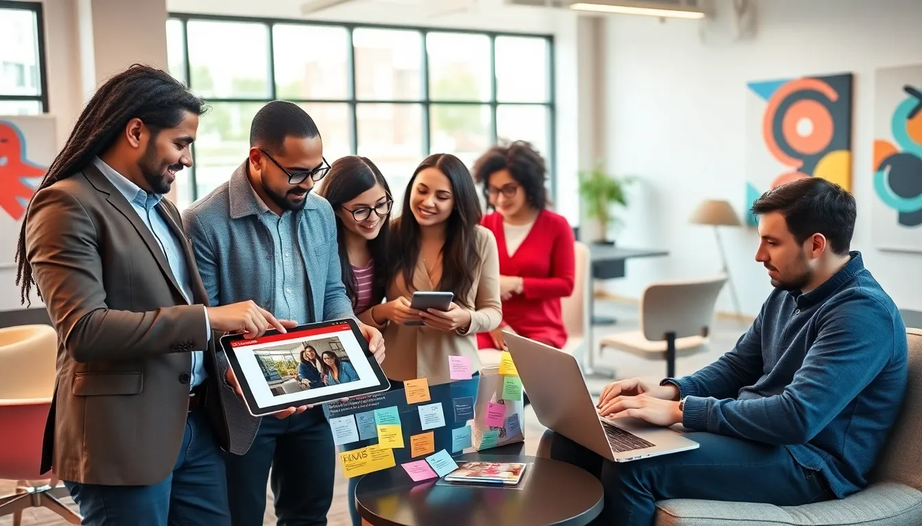 diverse professionals collaborating in a modern workspace on digital devices.