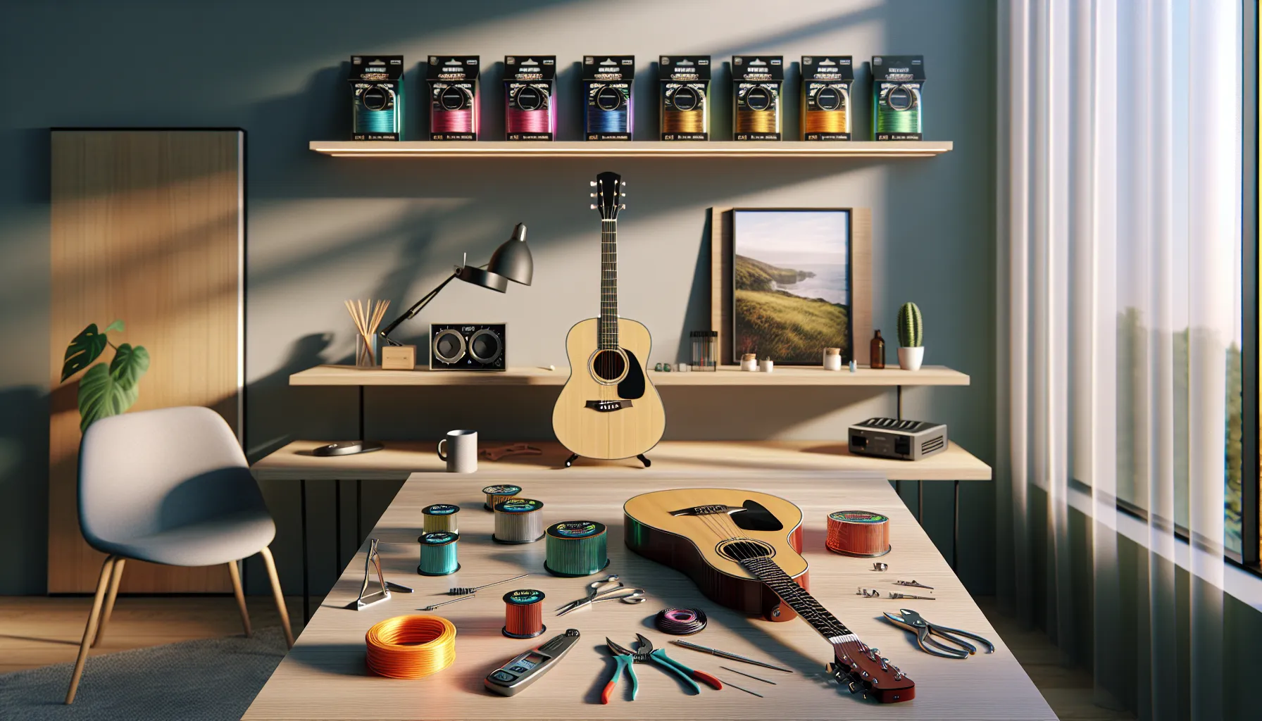 modern workspace with guitar and restringing tools.