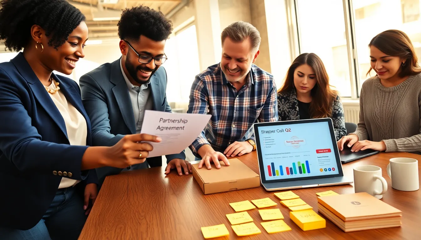 Three diverse partners reviewing a partnership agreement at a sunlit office table.