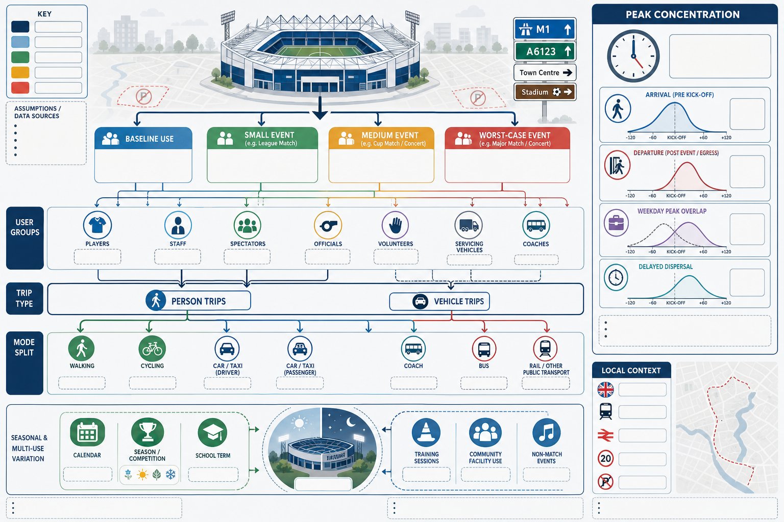 Infographic showing sports ground attendance scenarios, trip types, and match-day transport patterns.