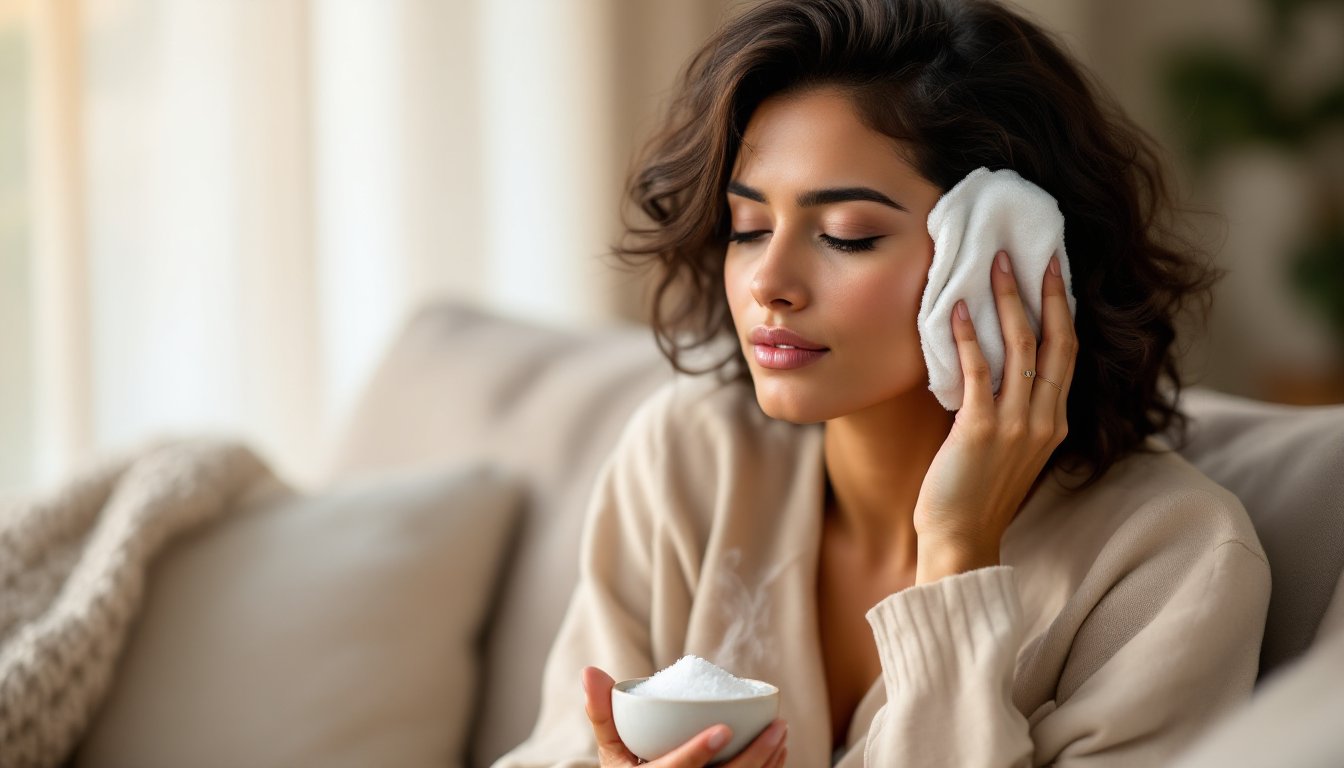 Woman holding a warm cloth compress against her ear on a cozy sofa at home.
