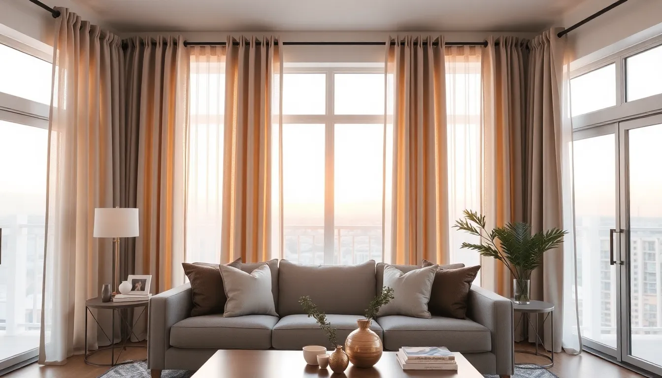 modern living room with elegant Dusk By Design curtains.