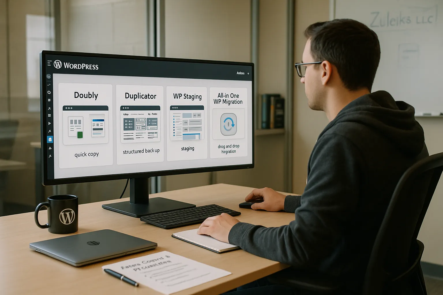 Web developer compares four WordPress migration and staging plugins on a large monitor.