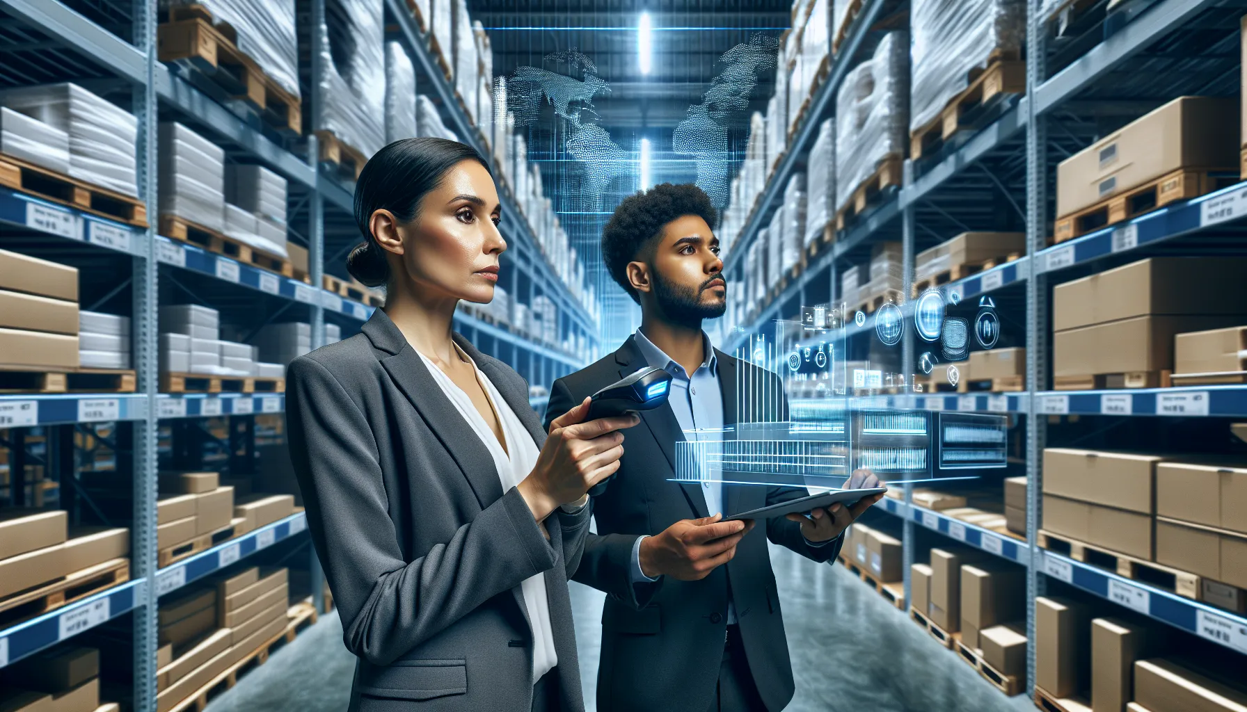 warehouse staff managing inventory with advanced technology.