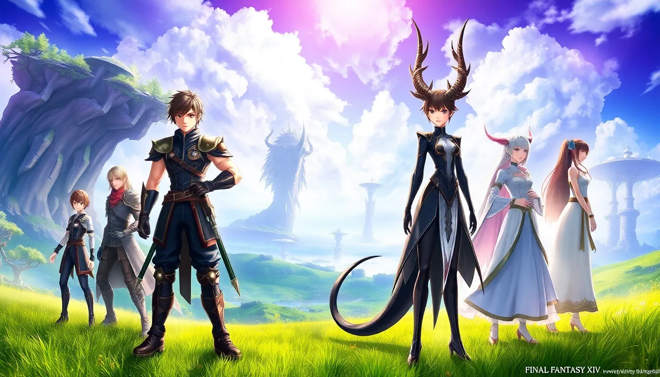 Diverse characters from Final Fantasy XIV in a fantasy landscape.