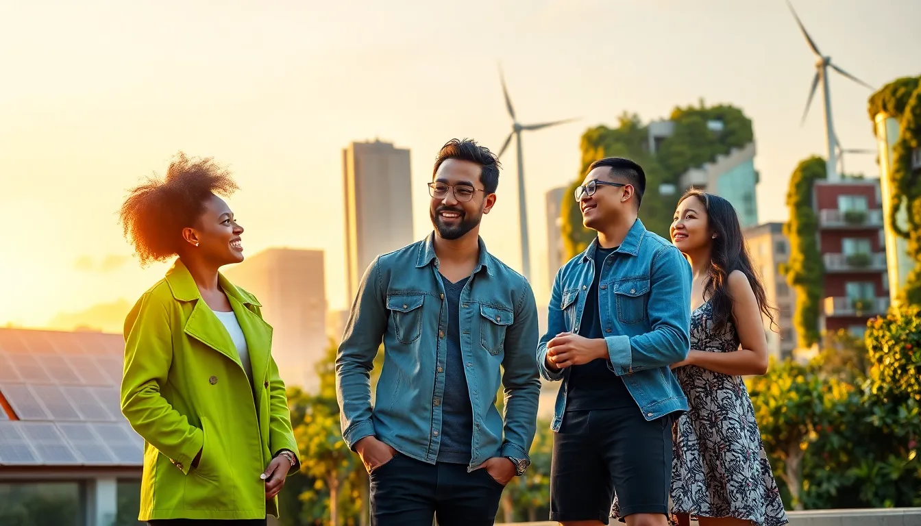 three young adults discussing renewable energy in a futuristic city at dusk.