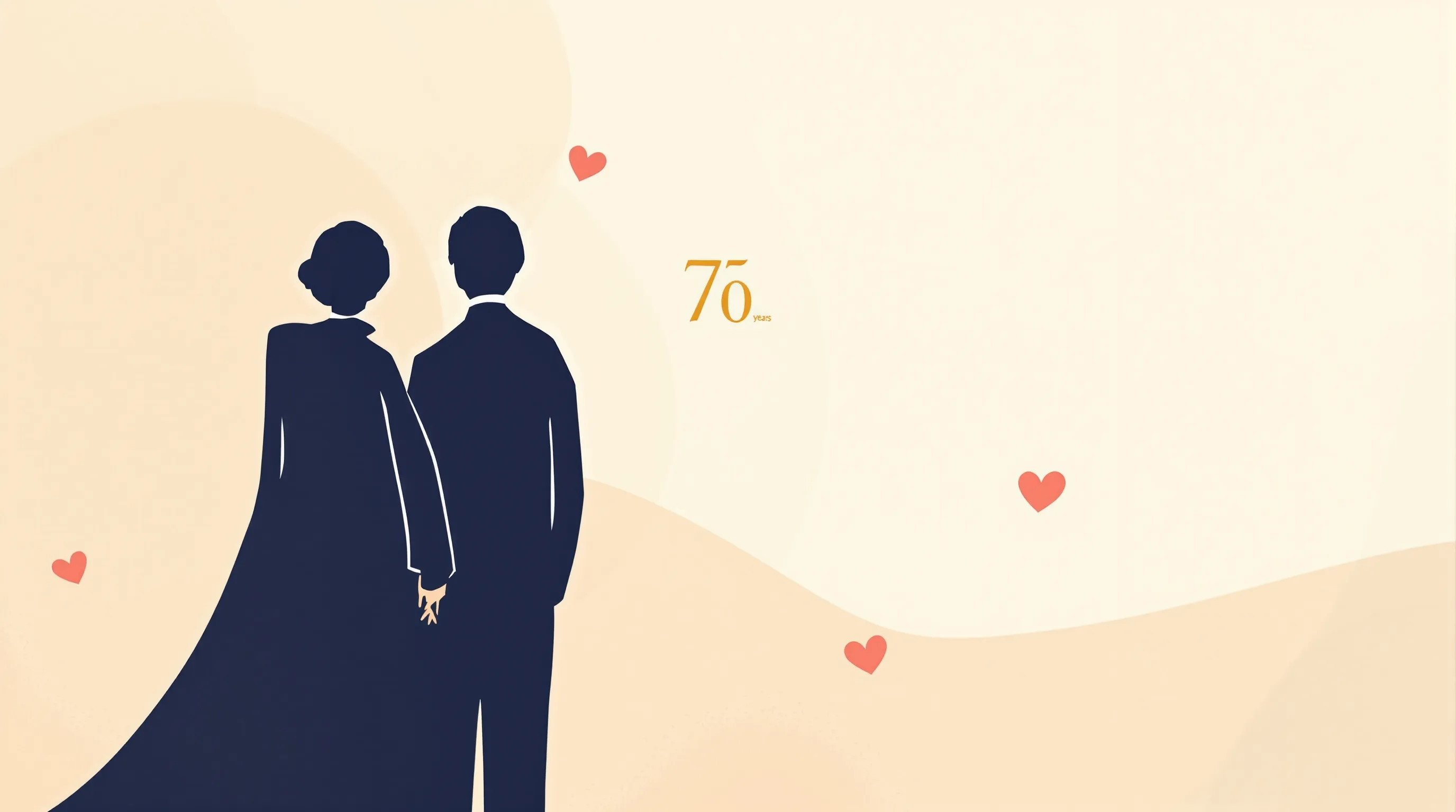 Two silhouettes standing together with the number seventy and floating hearts on soft background.
