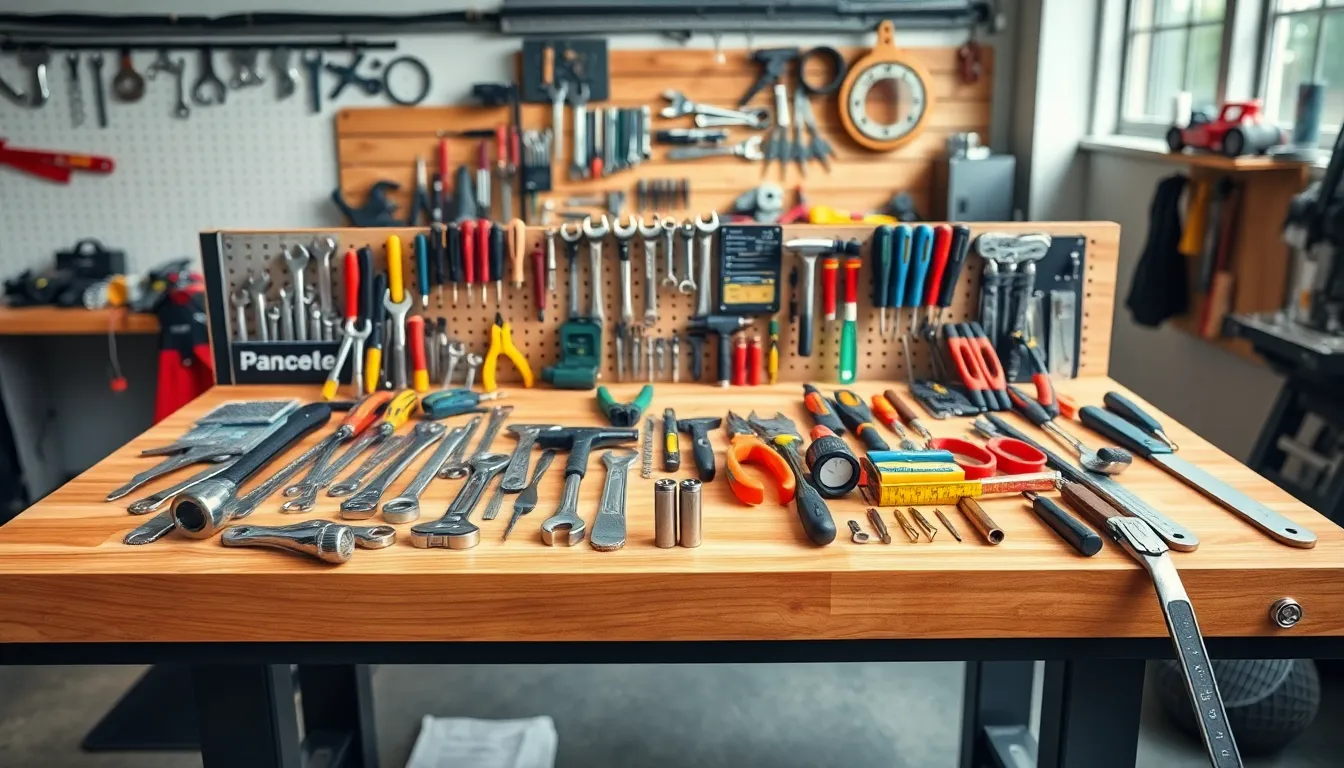 organized hand tools on a modern workshop bench.