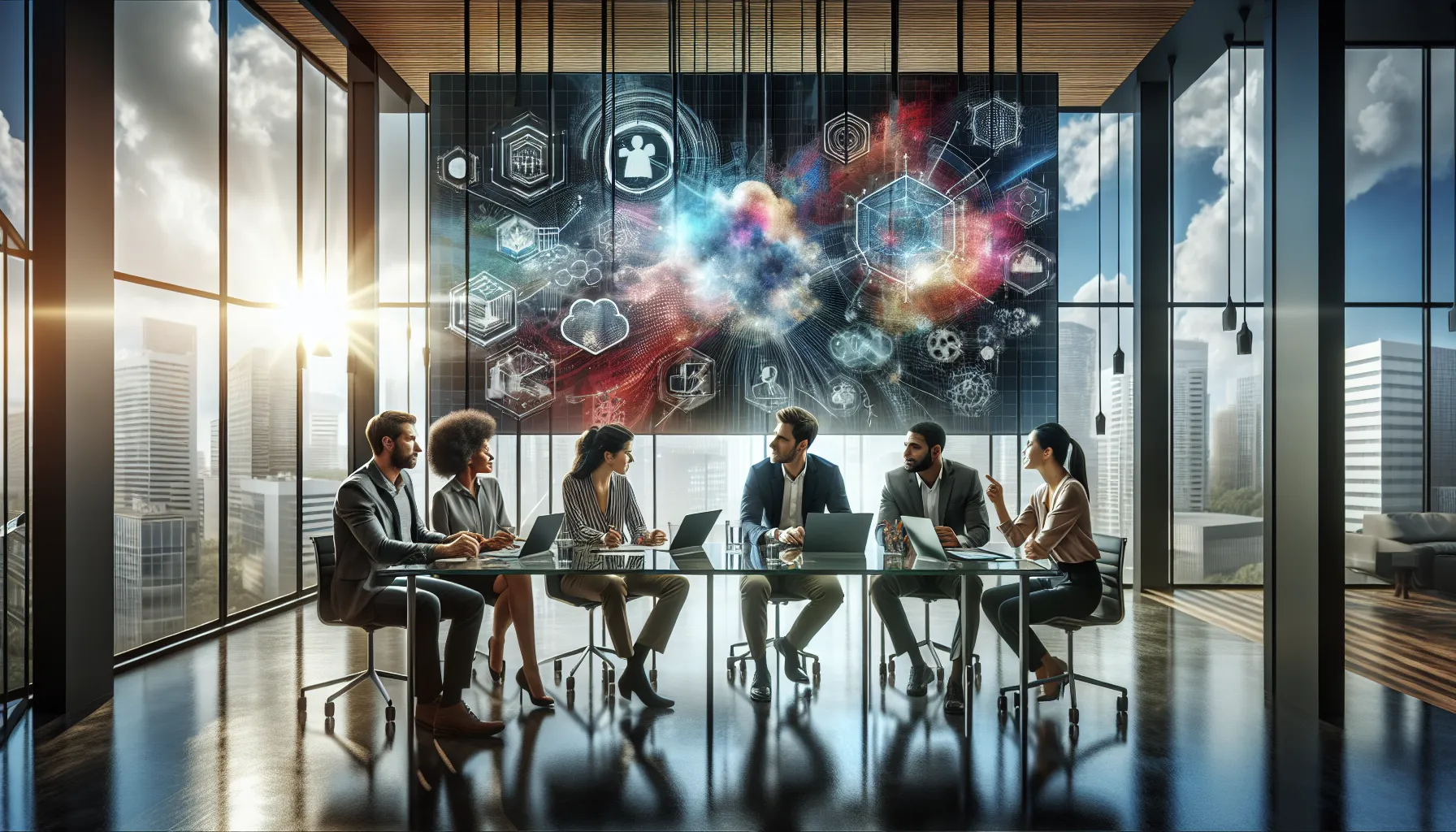 diverse professionals collaborating in a modern office environment.