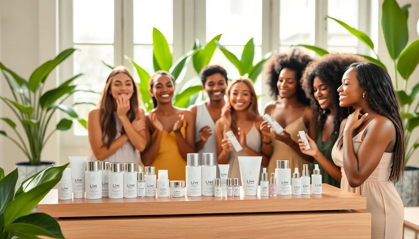 diverse individuals enjoying a skincare ritual with Liv Beauty products.