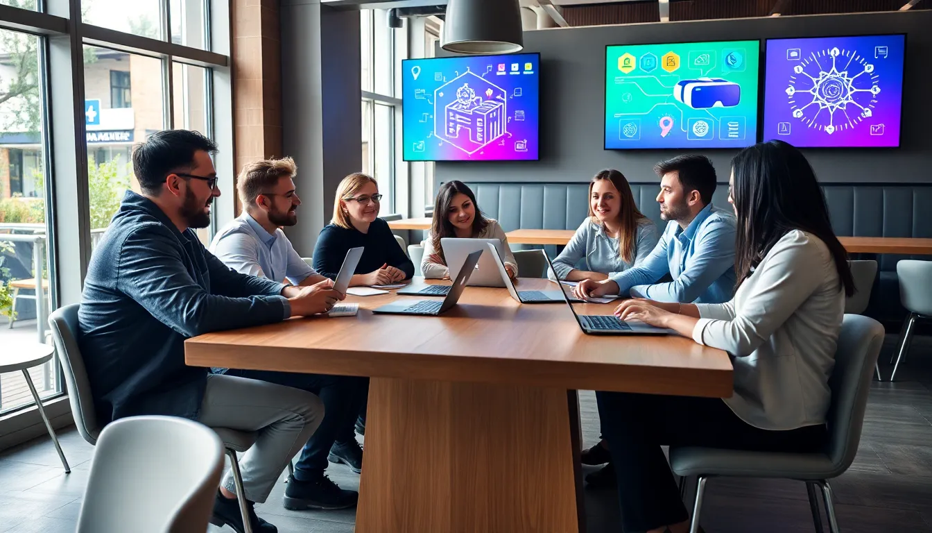 diverse tech enthusiasts discussing innovation in a modern café.