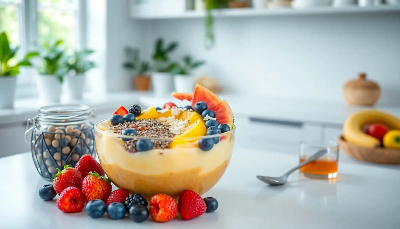 colorful smoothie bowl topped with fruits and seeds on a countertop.
