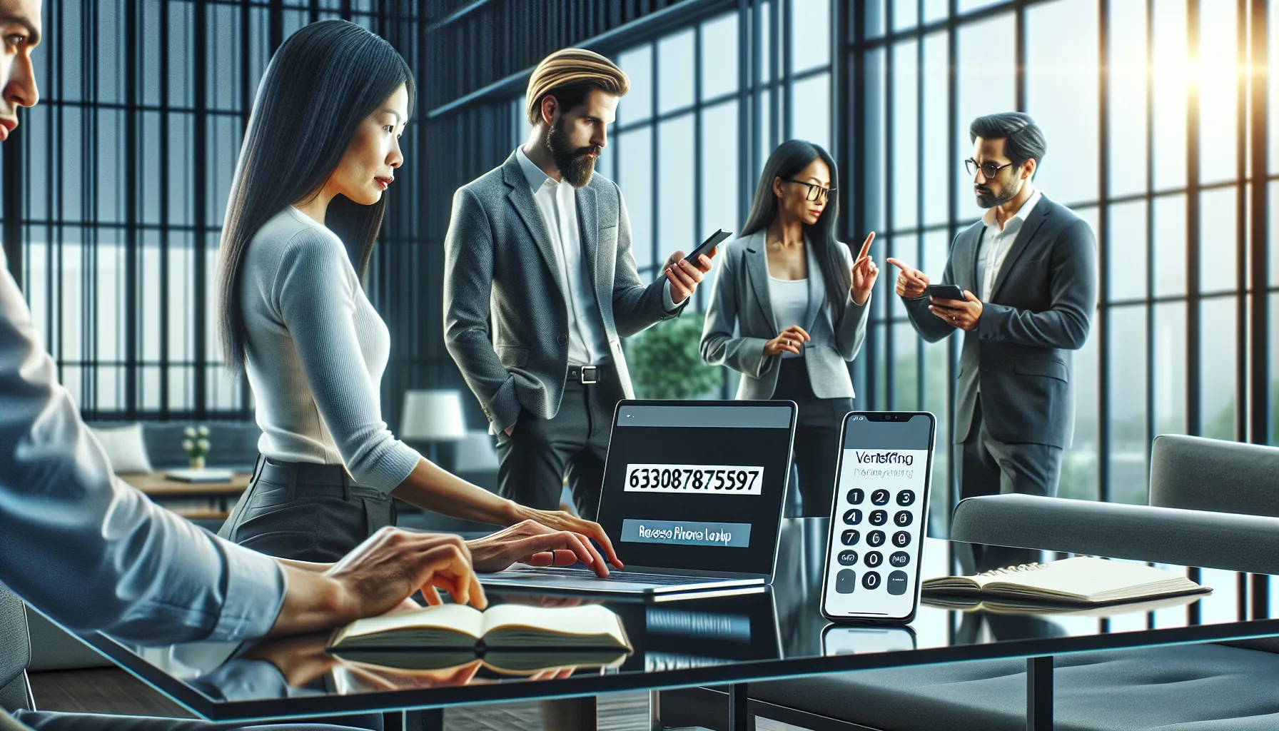 professionals verifying a phone number in a modern office setting.