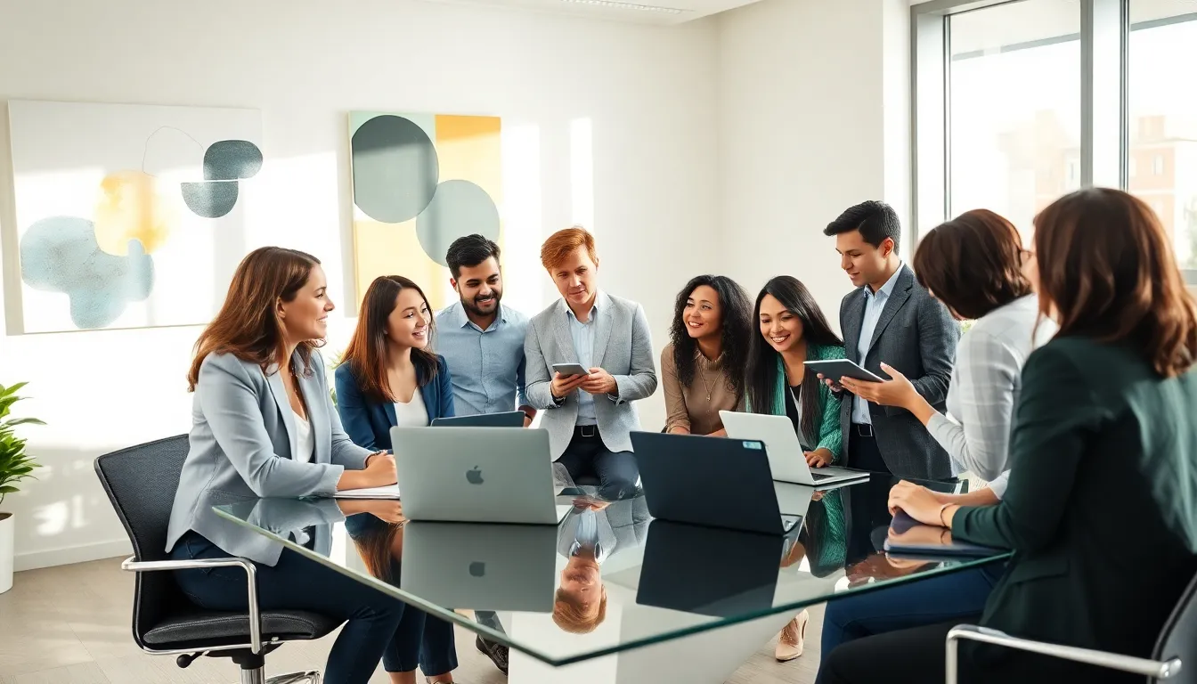 diverse professionals collaborating in a modern office.
