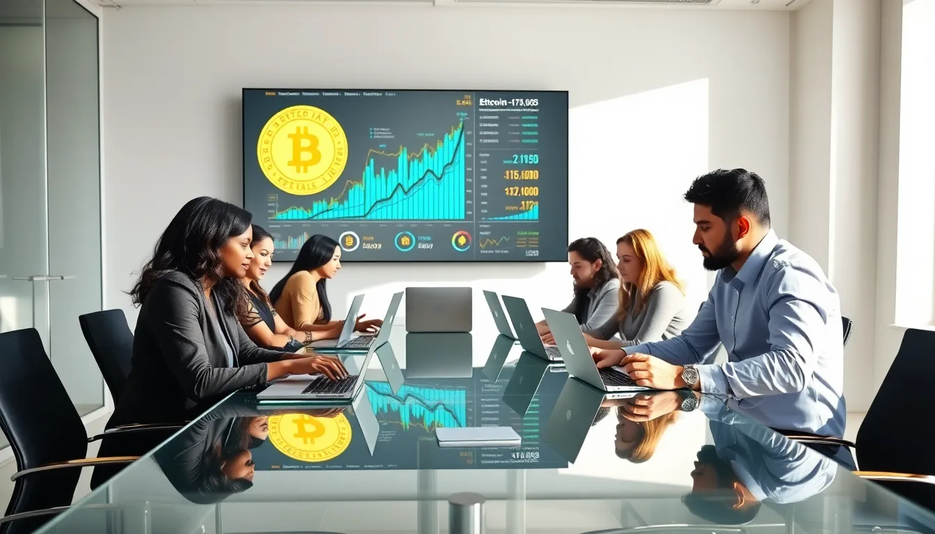 diverse team exploring cryptocurrency options together in a modern office.