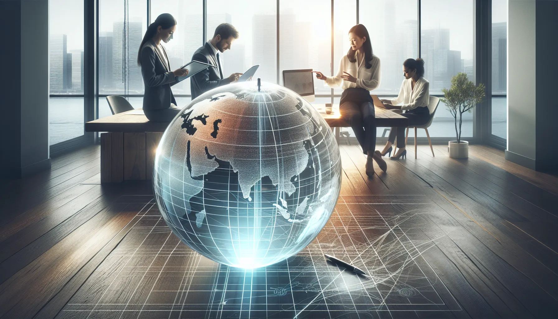 professionals discussing geographical coordinates in a modern office.