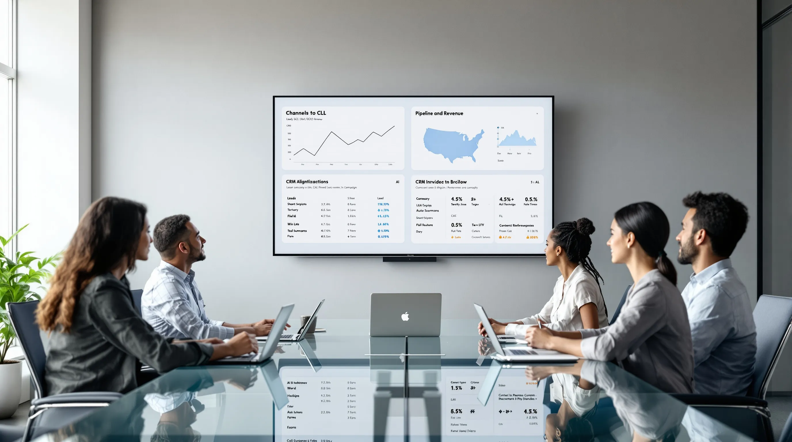 Diverse marketers review CRM dashboards, AI workflows, and A/B testing results.