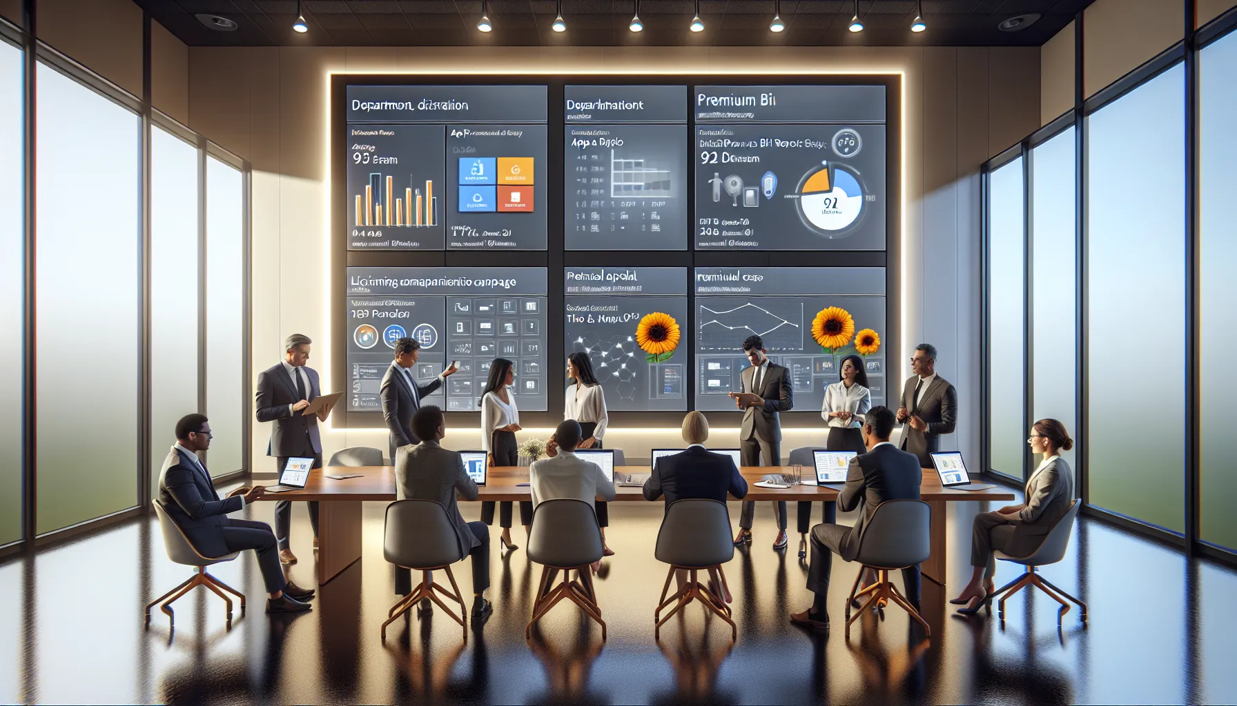 Analytics team reviewing Power BI sharing options on dashboards, apps, and embedded portals.