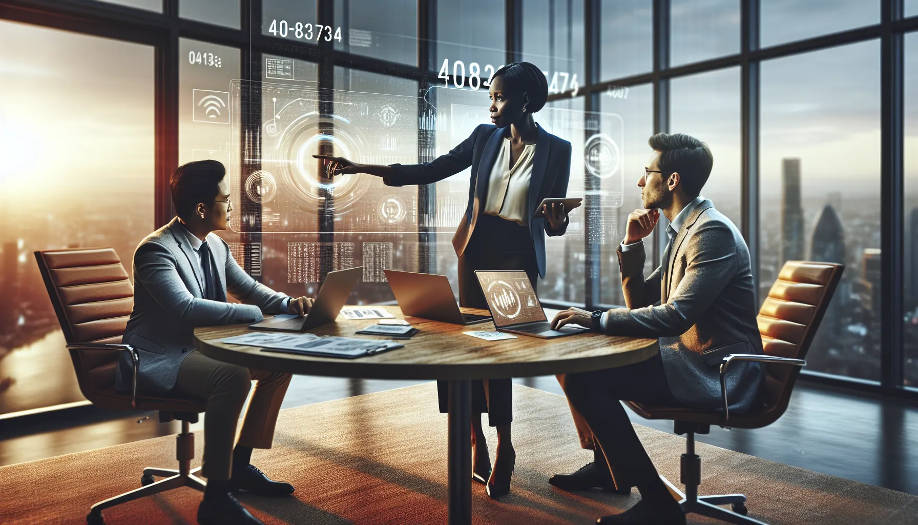 diverse team analyzing data in a modern office setting.