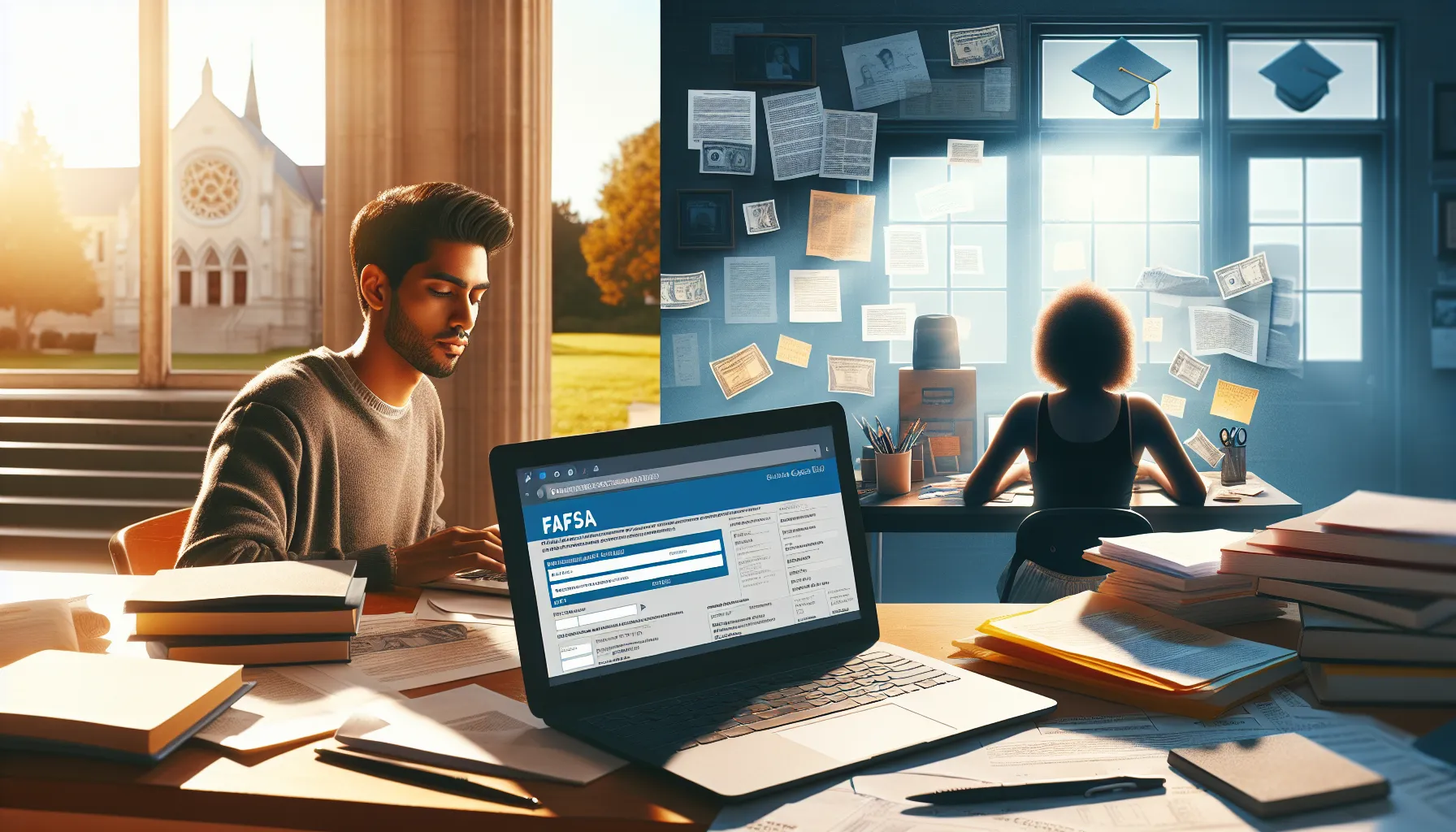 Two students completing FAFSA and CSS Profile applications at their desks.