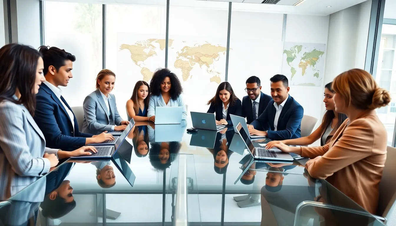 diverse professionals discussing a global vacation club in a modern office.